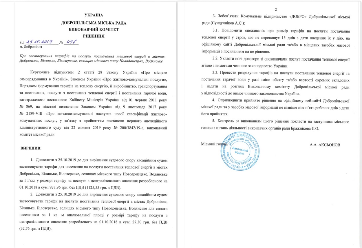 Рішення добропільського виконкому від 25.10.2019р.